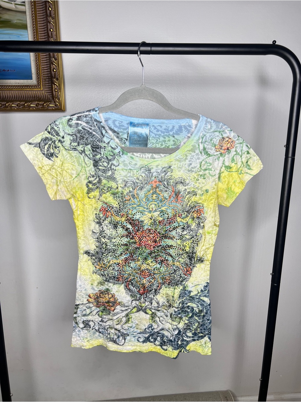 Women's Princess, Y2K Short Sleeve Floral Medallion Print Tee - Yellow